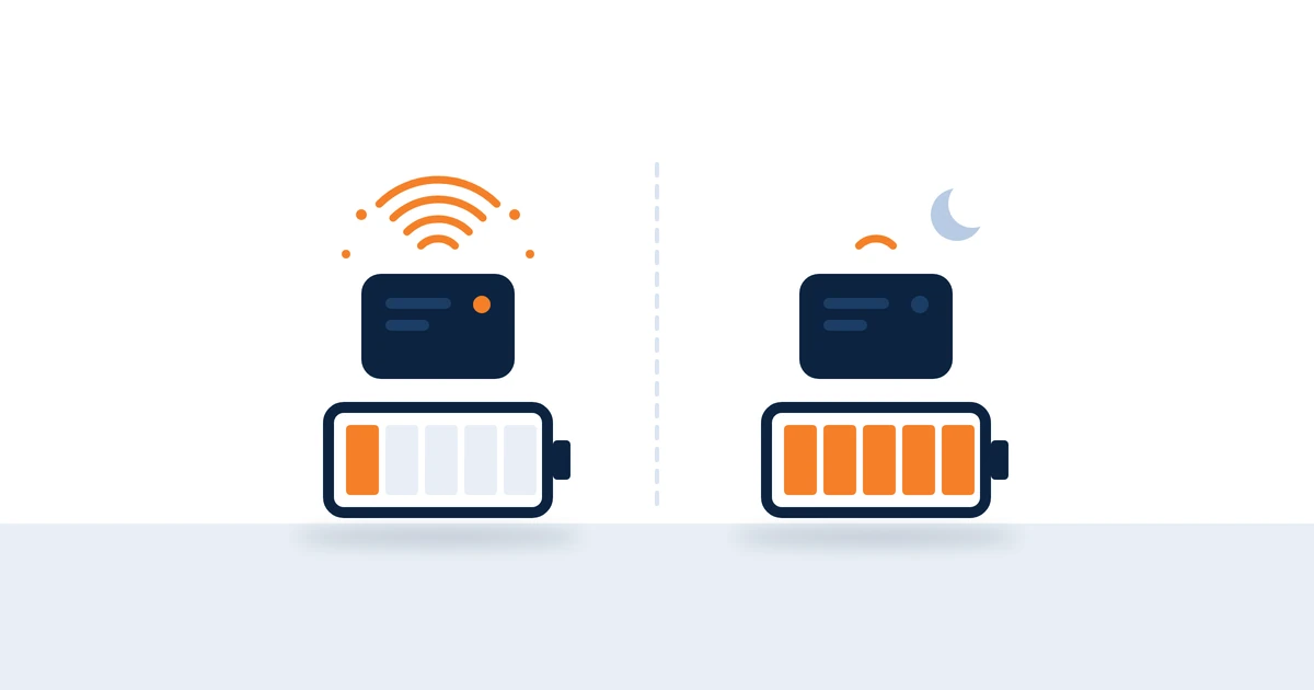 Illustration af to identiske trackere side om side, den ene sender konstant med et næsten tomt batteri, den anden er for det meste i dvale med fuldt batteri