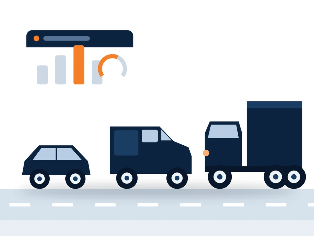 Illustration of a van, car and HGV on a UK road with telematics driver-risk data overlaid