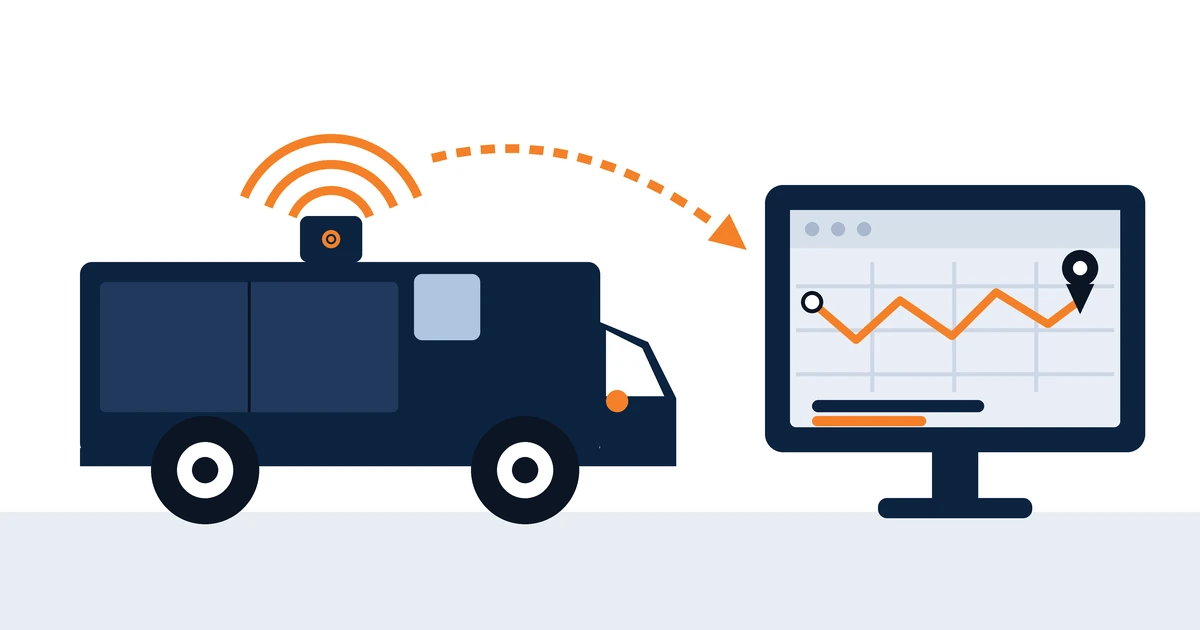Illustration d'un véhicule transmettant sa position via un réseau mobile vers une carte d'itinéraire sur un écran de gestion de flotte