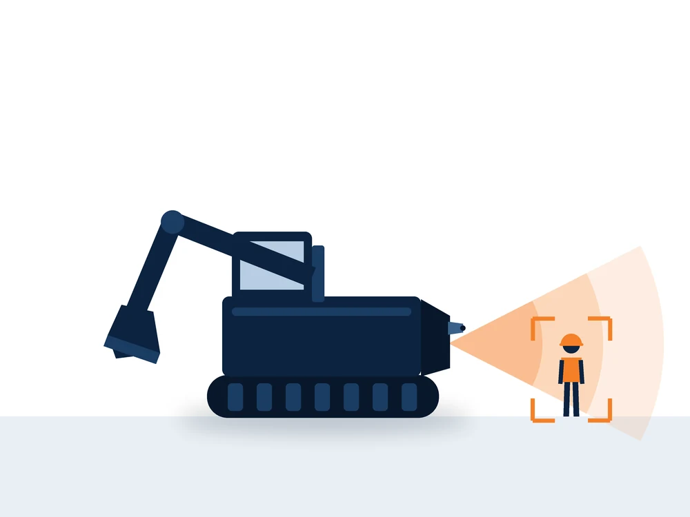 Illustration of an excavator with AI human-form recognition detection zones highlighting a ground worker