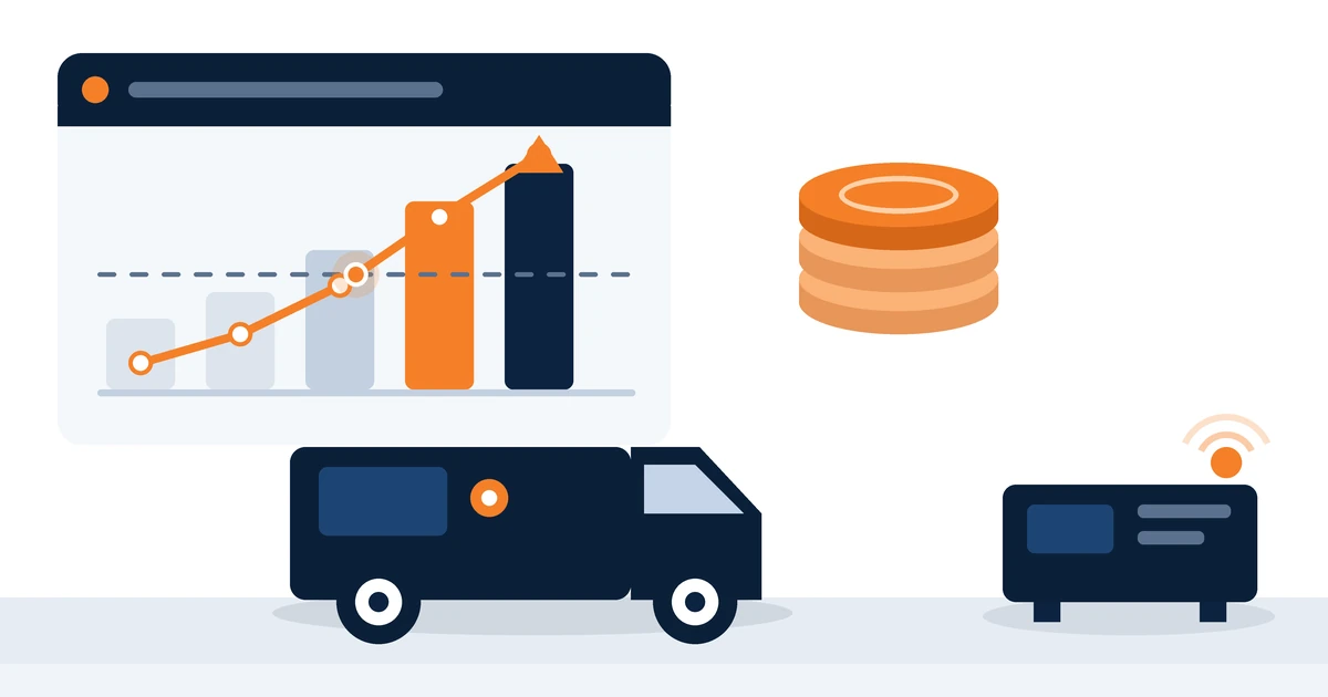 Illustration of a fleet ROI dashboard showing a payback curve crossing break-even, beside a tracked van and a tagged site asset