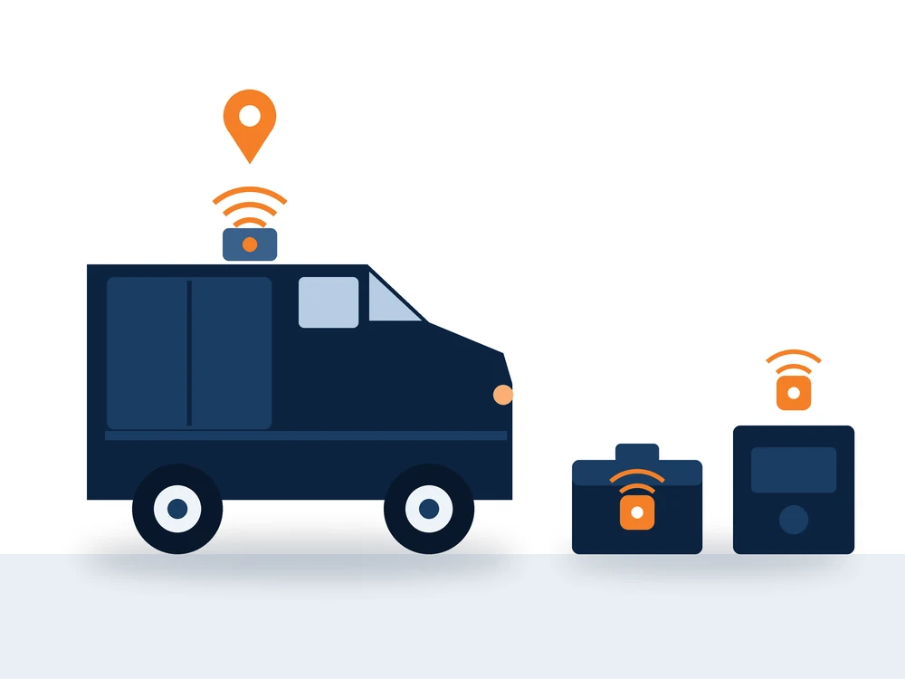 Illustration of a work van with a Bluetooth asset tag and GPS tracker protecting tools and site equipment