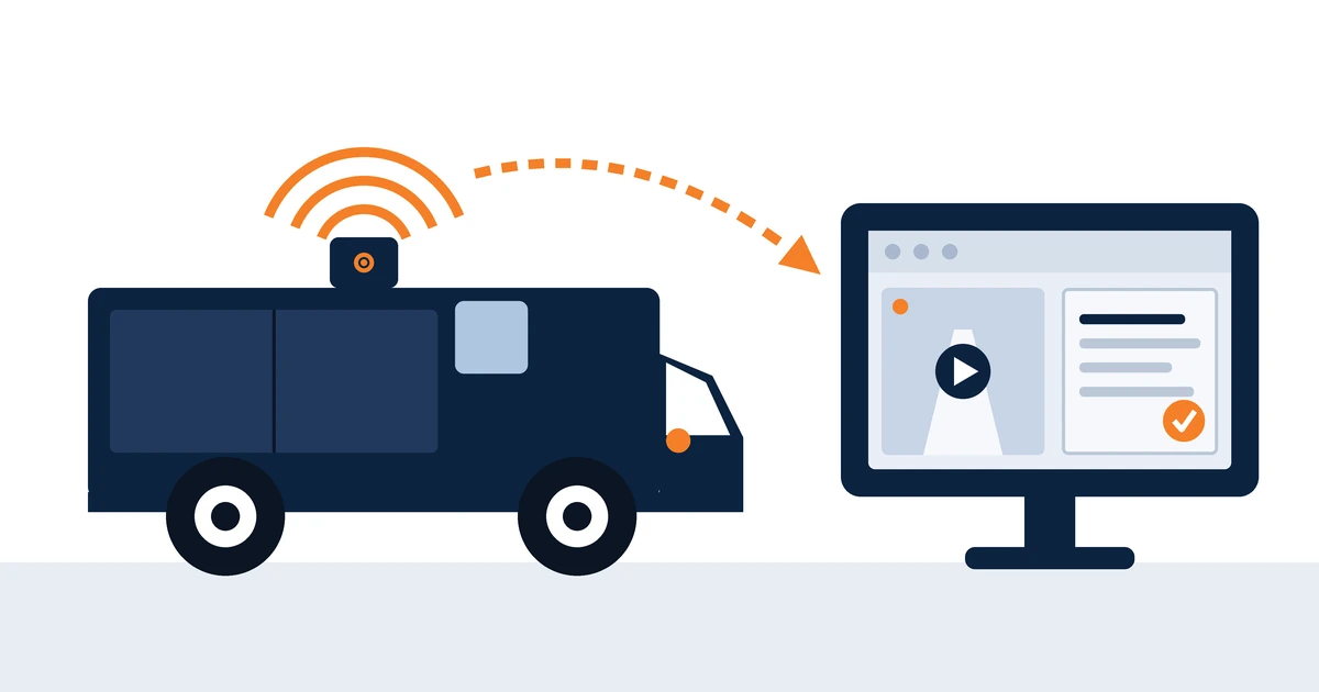 Illustration of a commercial vehicle sending incident footage to a screen where it is attached to an insurance claim