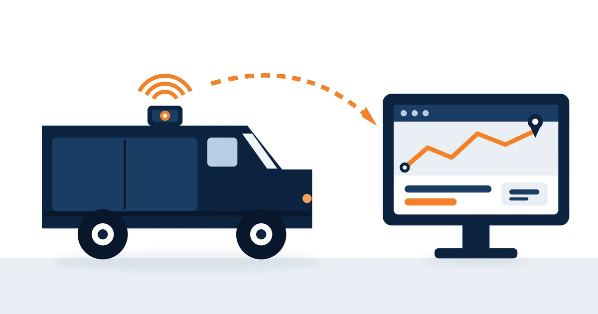 Illustration of a telematics device in a van sending vehicle data to a fleet management screen