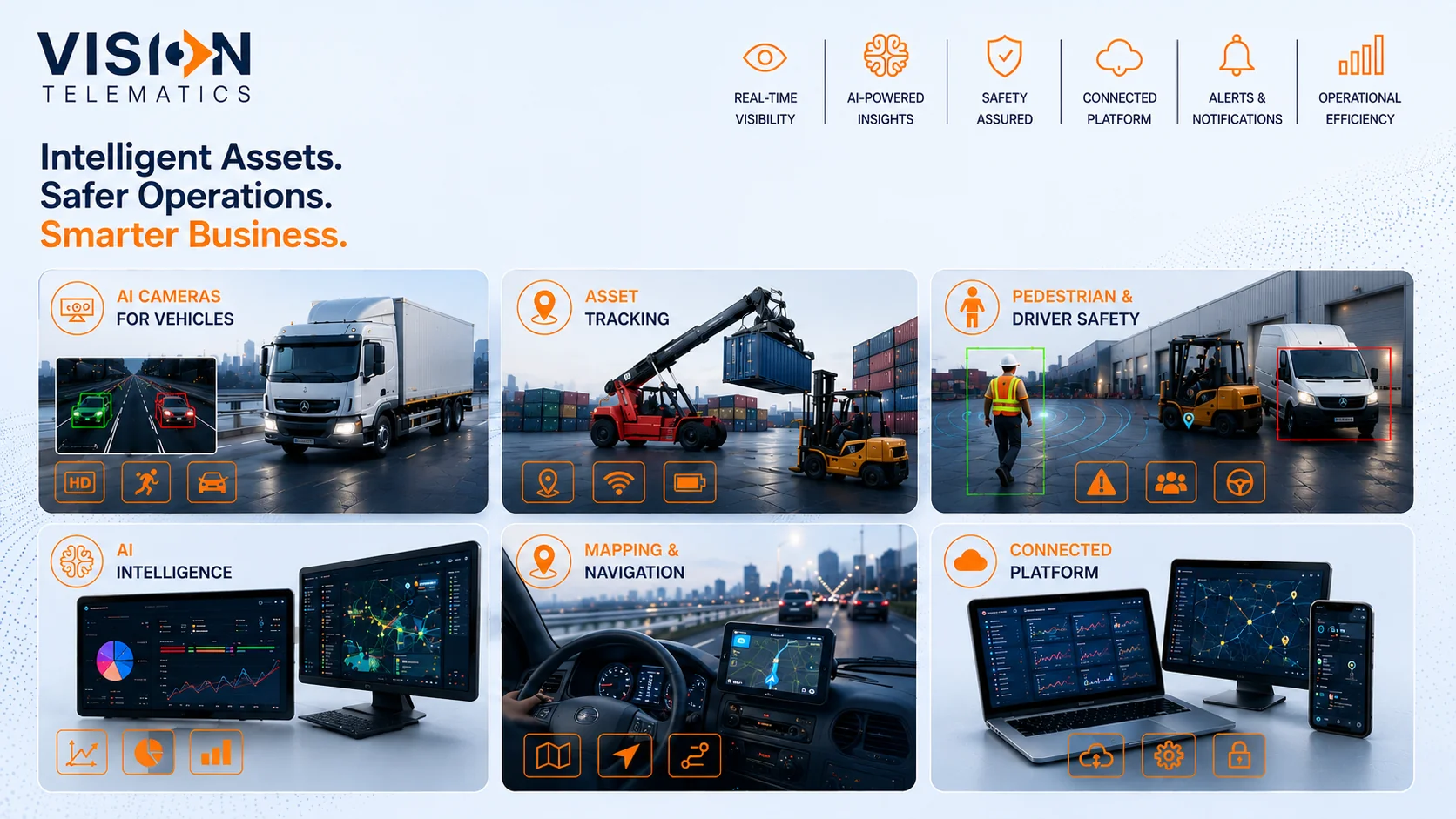 Vision Telematics solutions — AI cameras for vehicles, asset tracking, pedestrian and driver safety, AI intelligence, mapping and navigation, and the connected platform