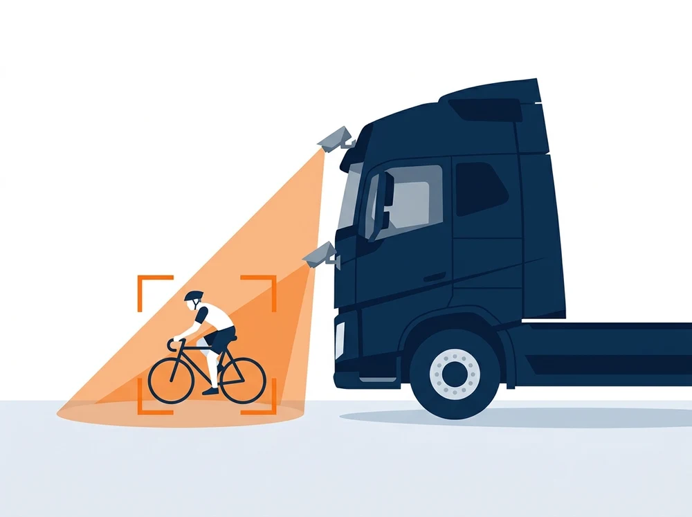Illustration of an HGV blind-spot camera system protecting a cyclist on the nearside