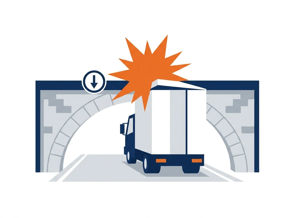 Illustration of an HGV being warned away from a low railway bridge