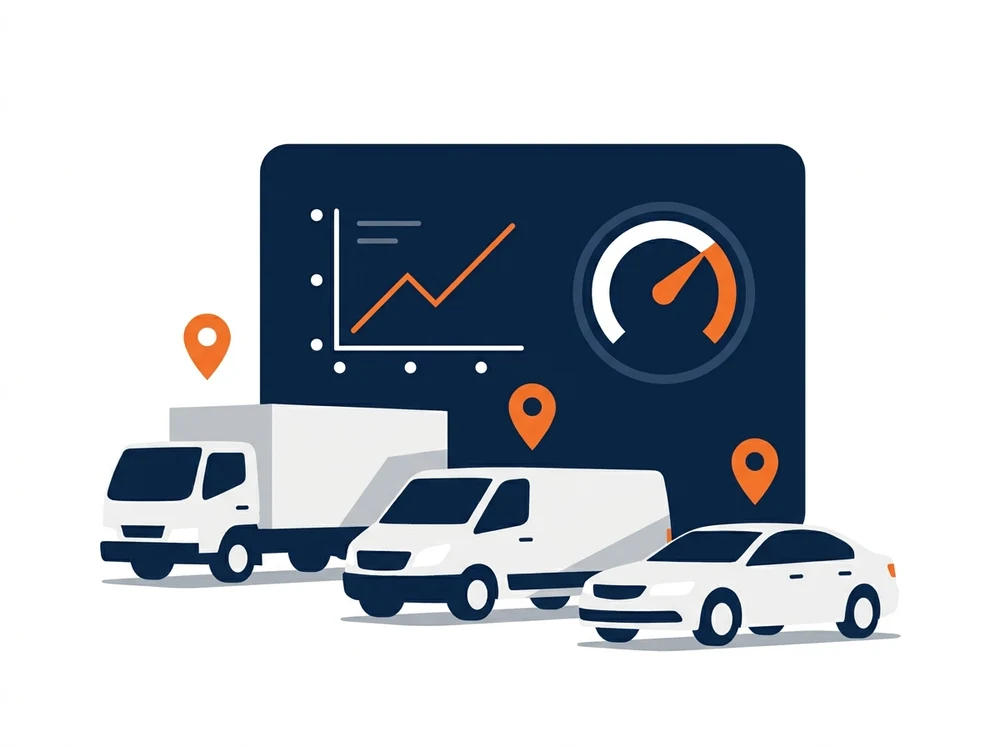 Mixed fleet of vehicles in front of a fleet management dashboard