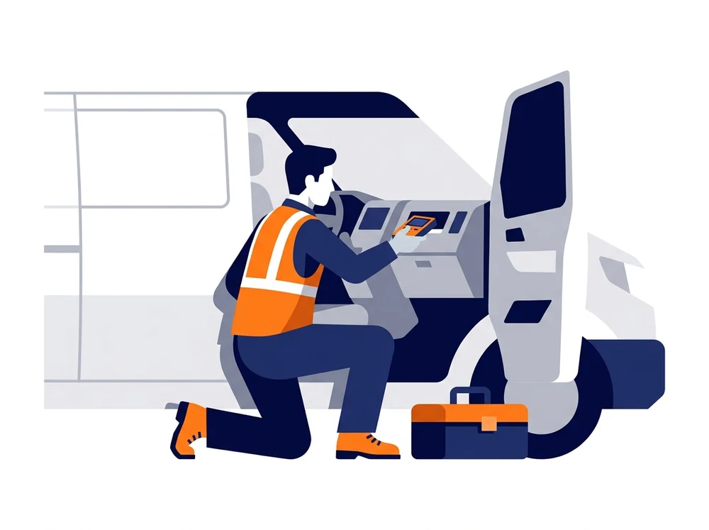 Engineer installing a telematics device in a vehicle