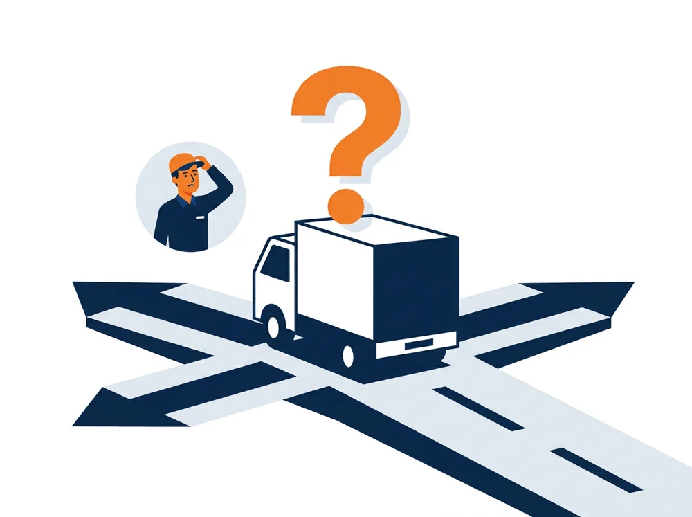 Lost truck driver at a junction where the road branches in three directions, with a large question mark overhead