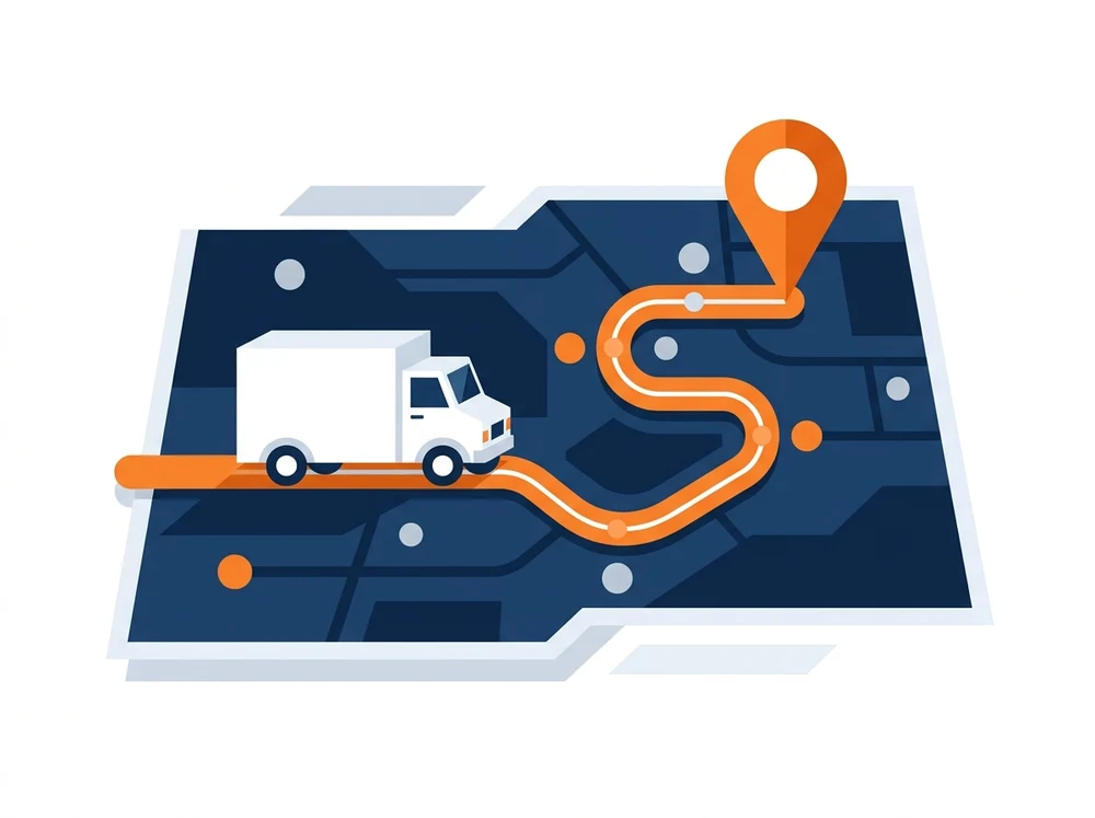 Truck following a planned route across a commercial road map