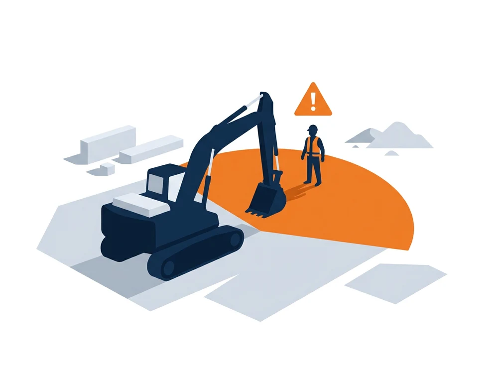 Excavator with an AI detection zone highlighting a nearby worker