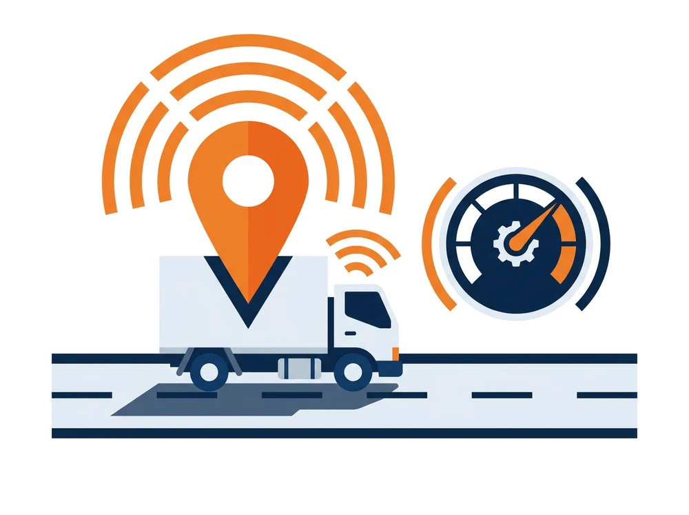 Truck with a GPS location pin and live vehicle data signals