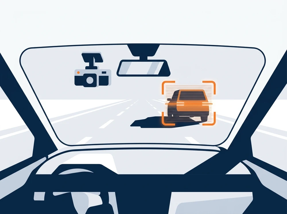 Illustration of an AI dashcam and video telematics protecting a fleet vehicle