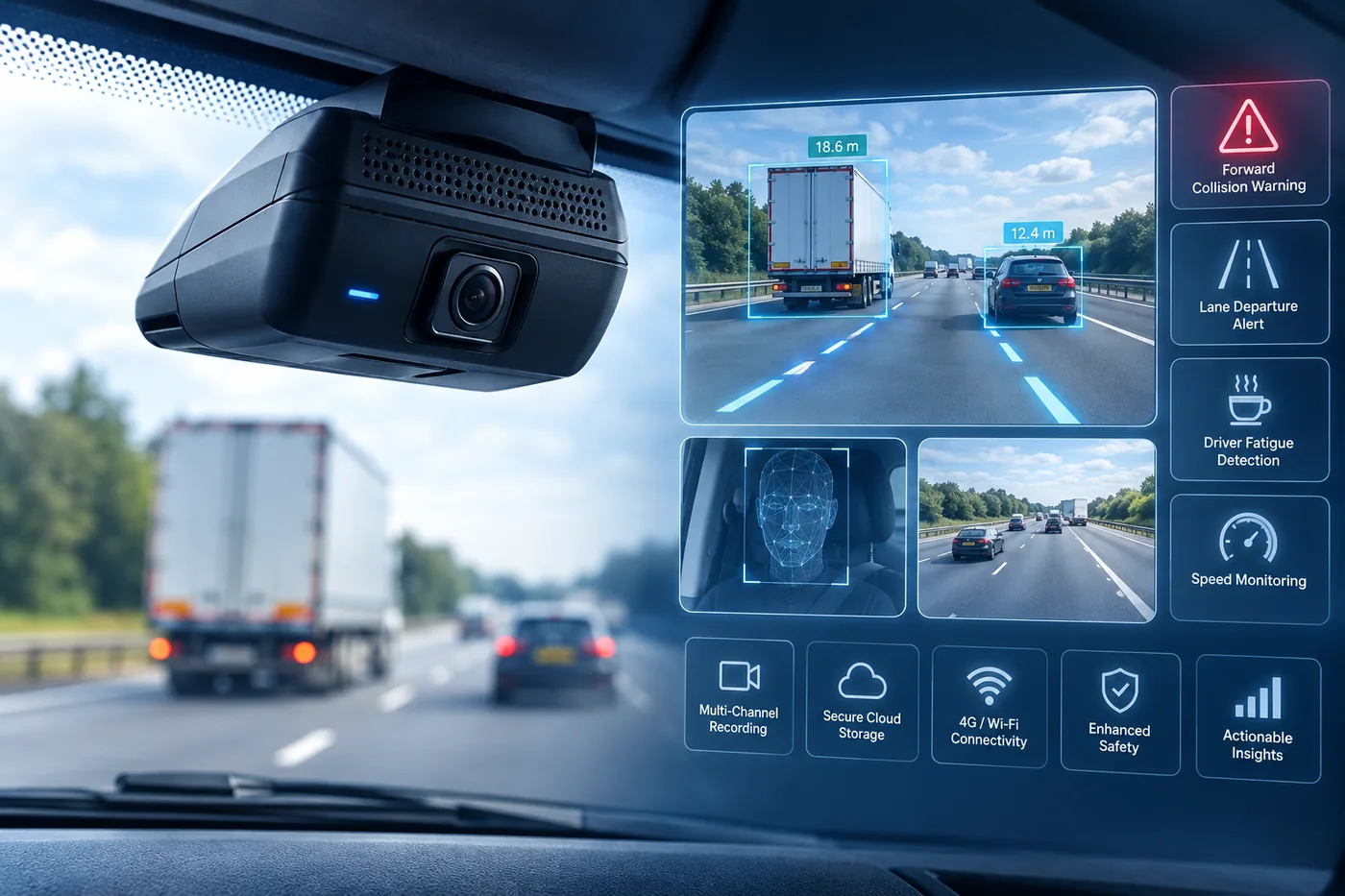 Dashcam viewing the road ahead with an AI detection frame around a vehicle